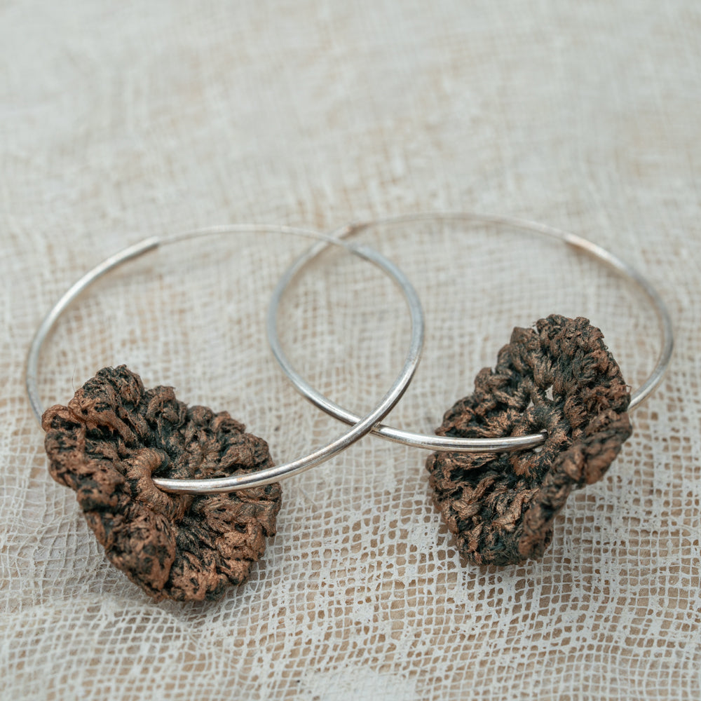 Silver Hoop earrings with crochet flower Inkea art and design