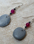 grey sea pebble earrings with purple agate