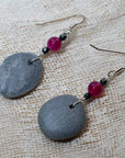 grey sea pebble earrings with purple agate