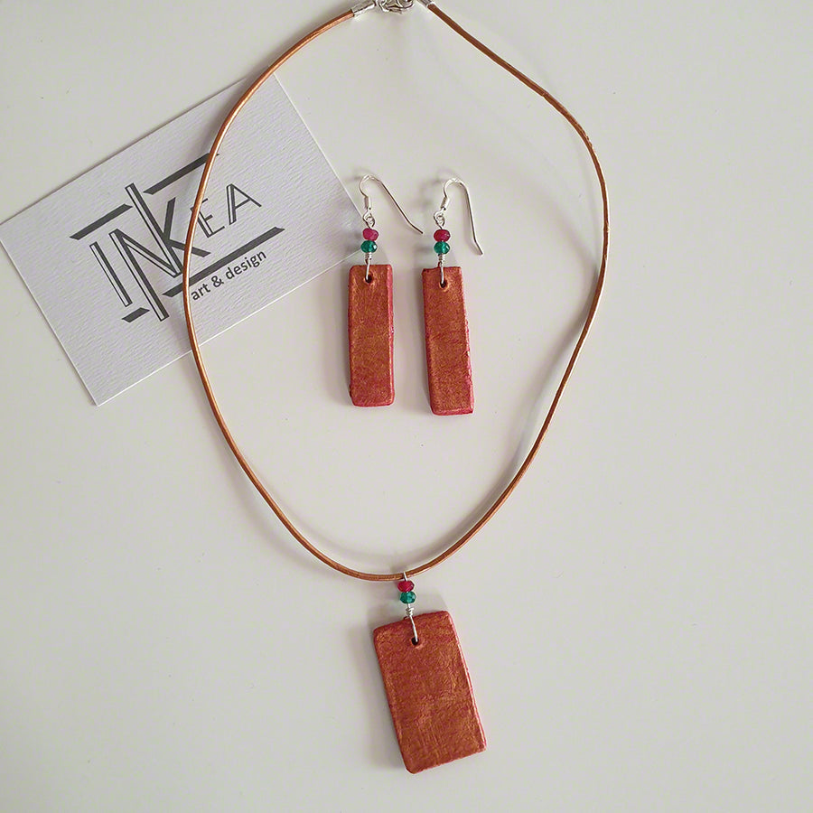 red gold clay pendant  earrings with agate
