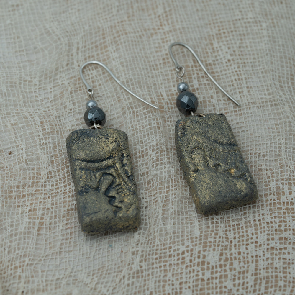 Handmade clay earrings with hematite