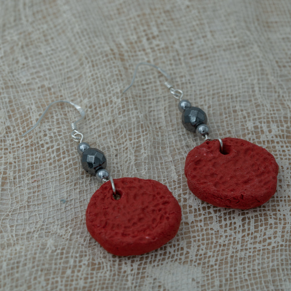 Handmade red clay earrings with hematite