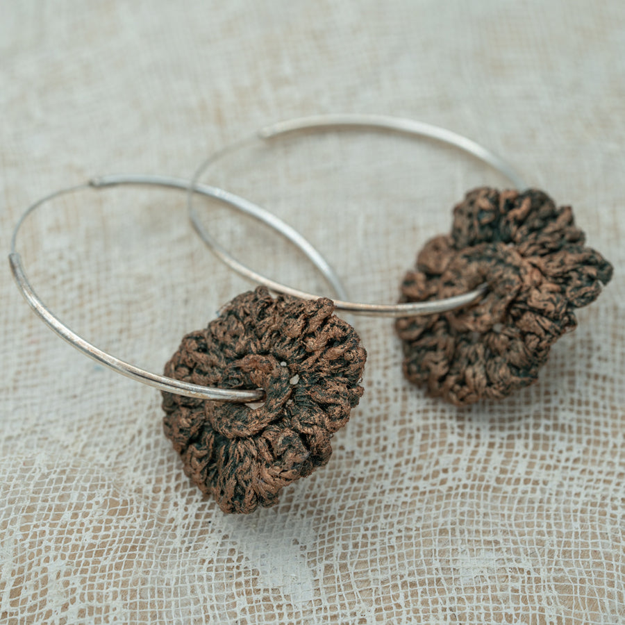 Silver Hoop earrings with crochet flower