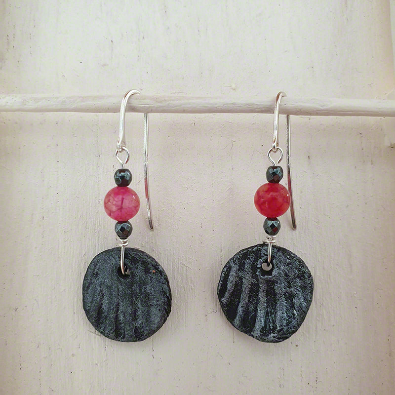 black silver clay earrings withs agate| Inkea art and design