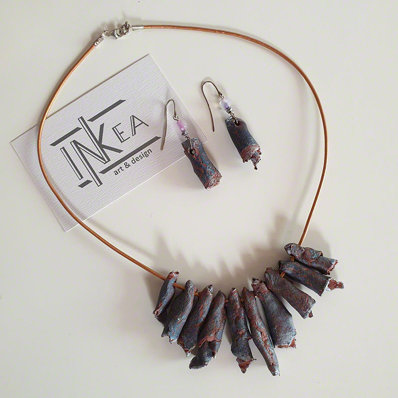 Blue silver terracotta clay necklace - earrings