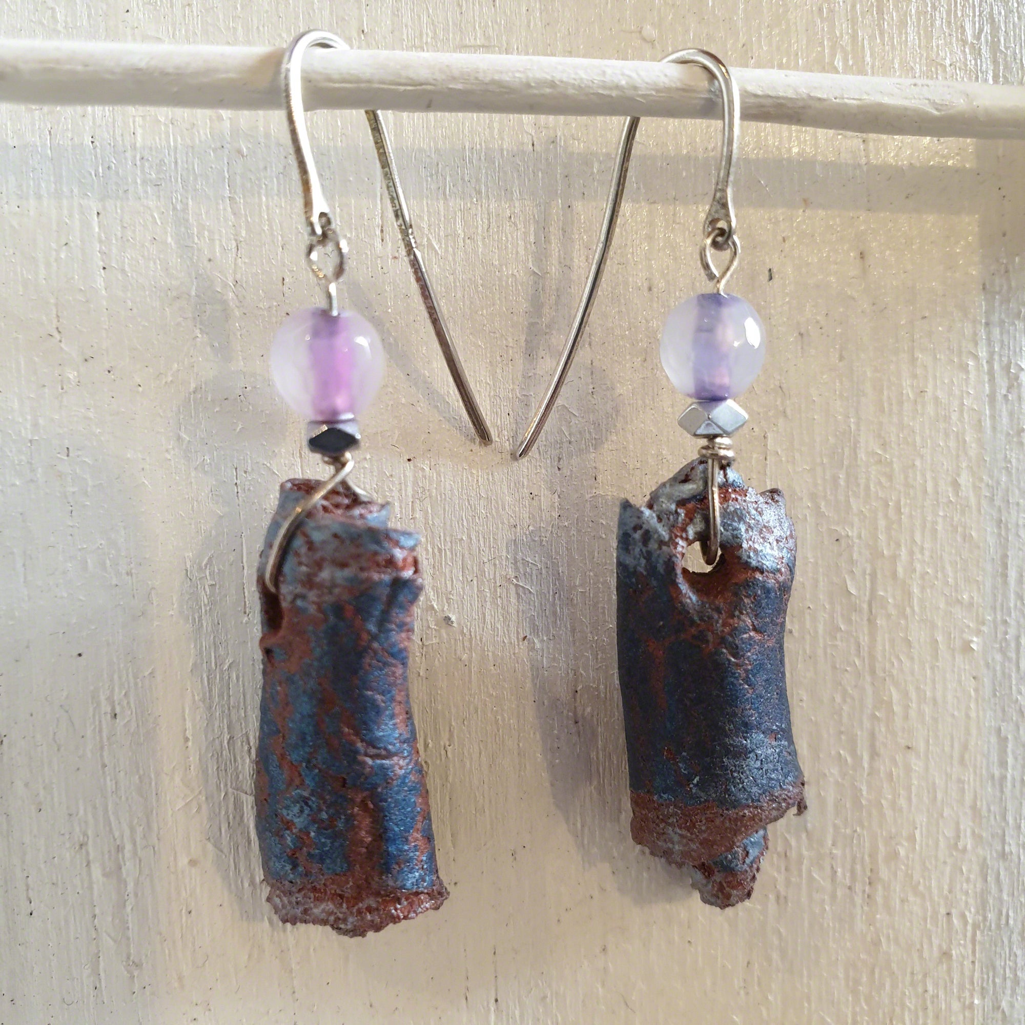 Blue silver terracotta clay earrings