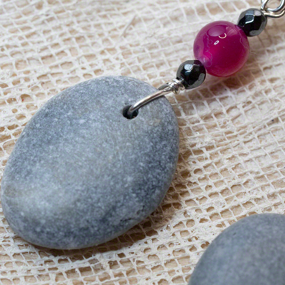 grey sea pebble earrings with purple agate