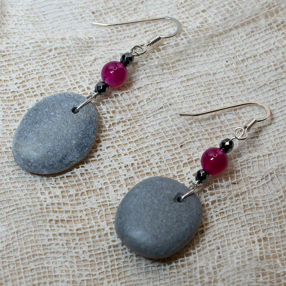 grey sea pebble earrings with purple agate