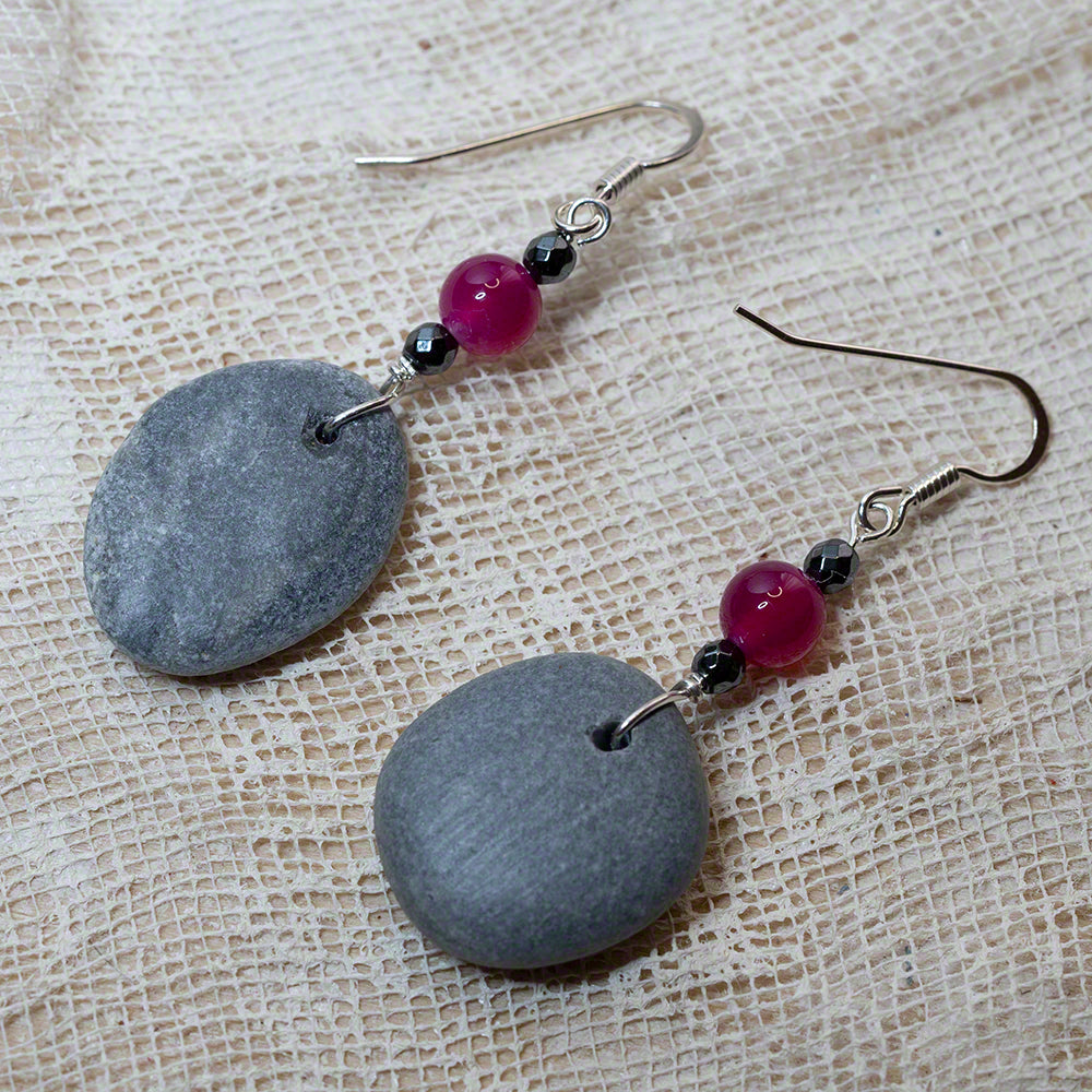 grey sea pebble earrings with purple agate