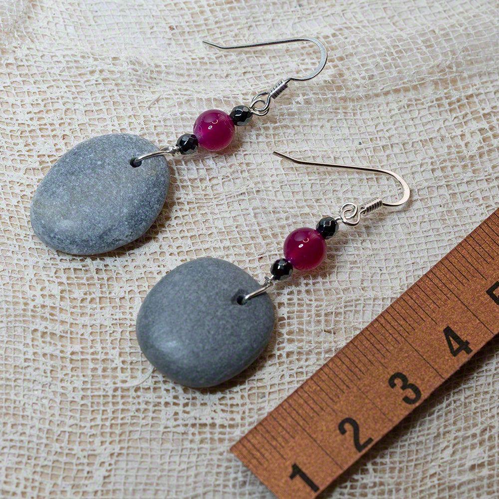 grey sea pebble earrings with purple agate