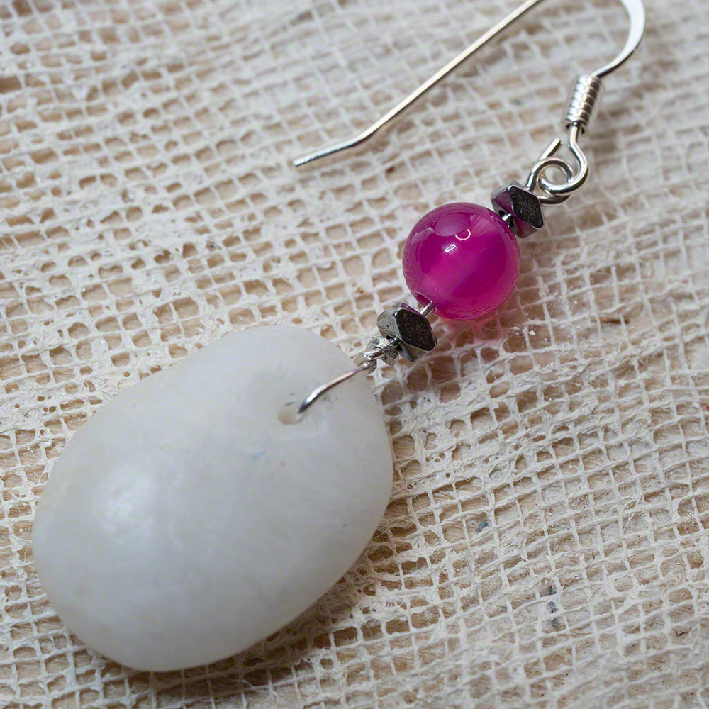 white sea pebble earrings with purple agate