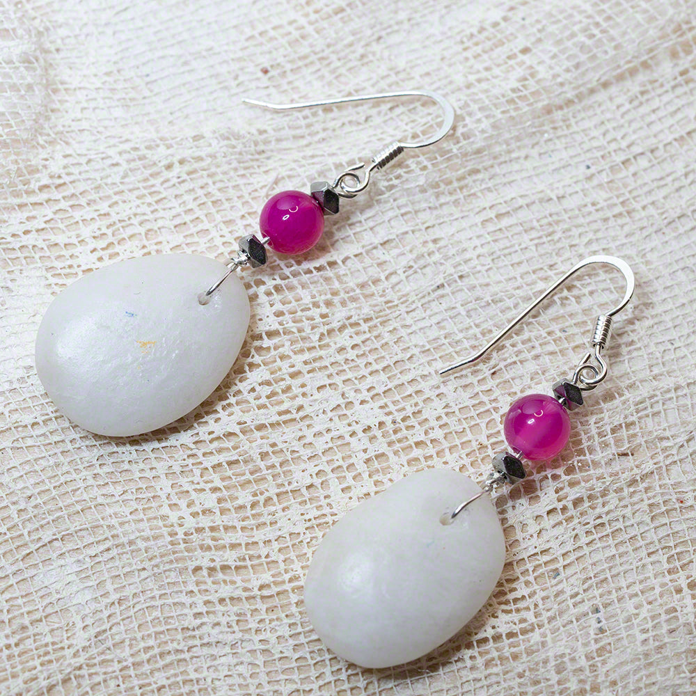 white sea pebble earrings with purple agate