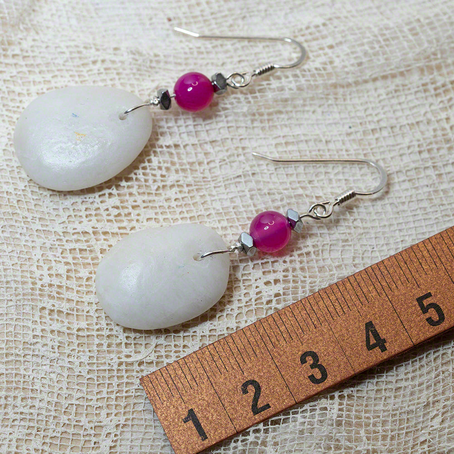 white sea pebble earrings with purple agate