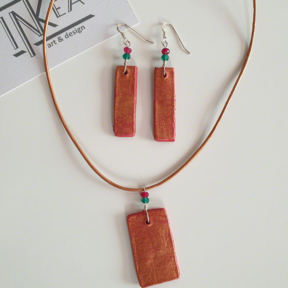 red gold clay pendant earrings with agate