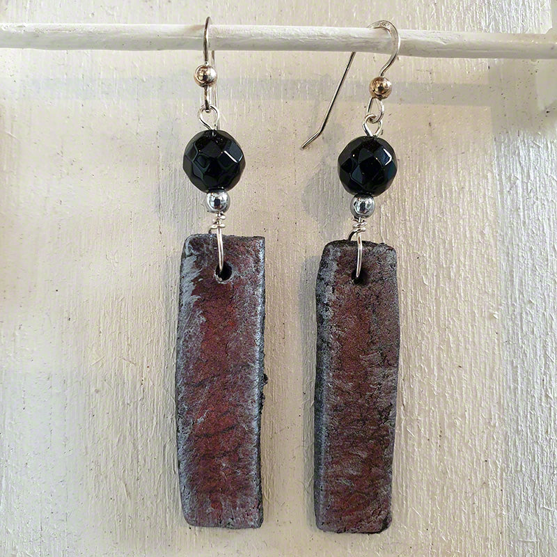 Red silver black clay earrings