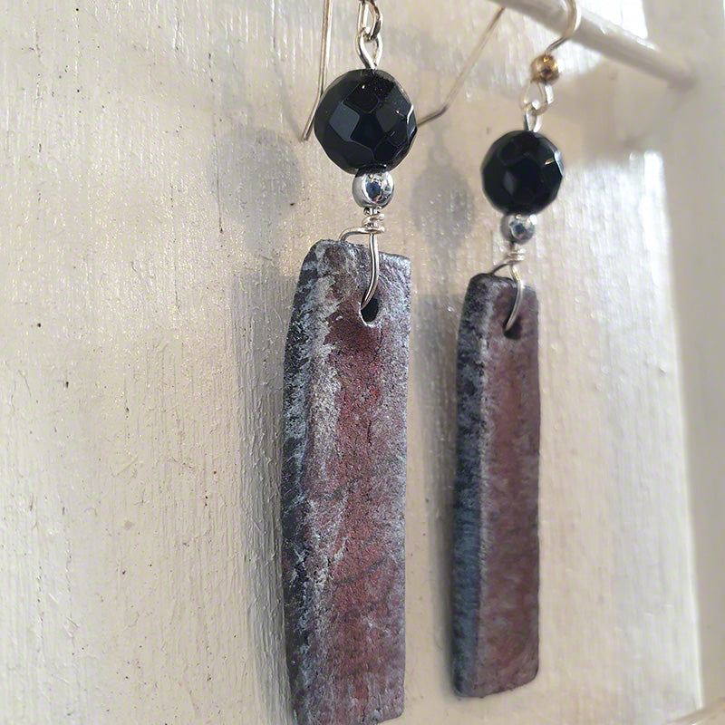 Red silver black clay earrings