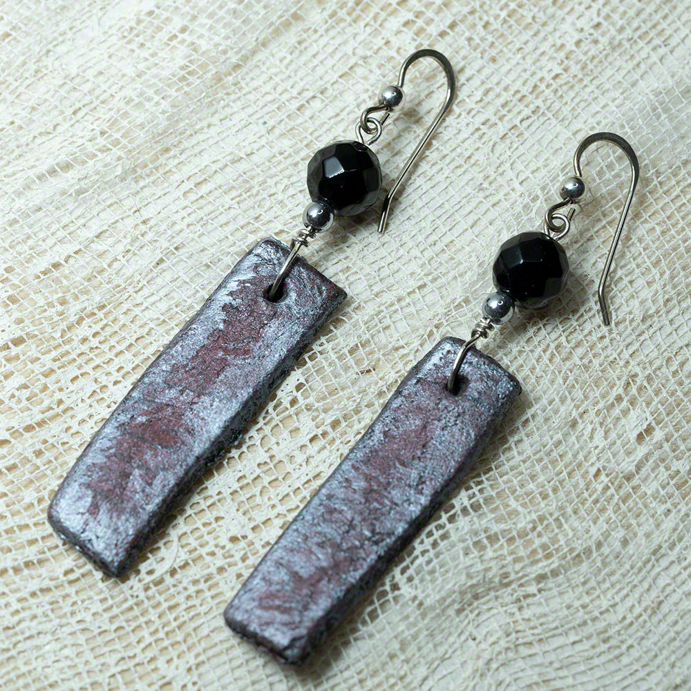 Red silver black clay earrings