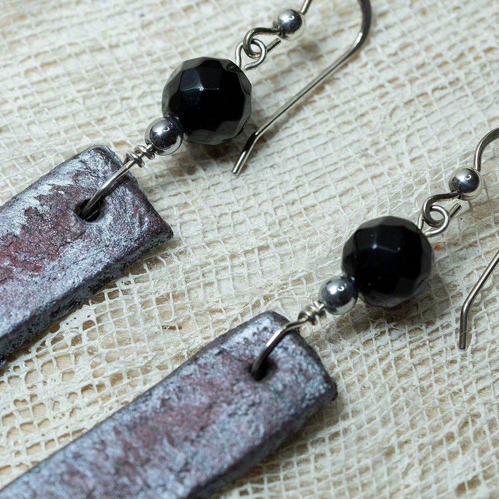 Red silver black clay earrings