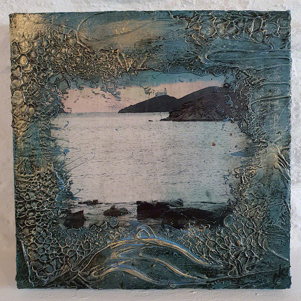 Handmade Mixed Media Canvas: Kea Coastline with Agios Nikolaos Lighthouse - (30x30 cm)